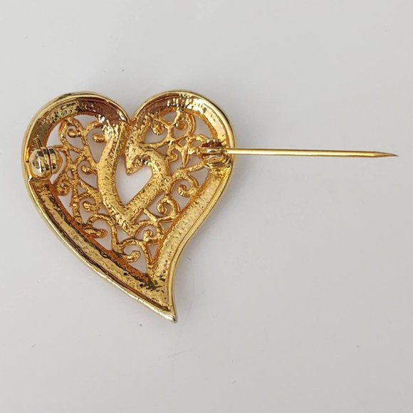 Gold filigree heart brooch with clear crystals - Picture 7 of 7